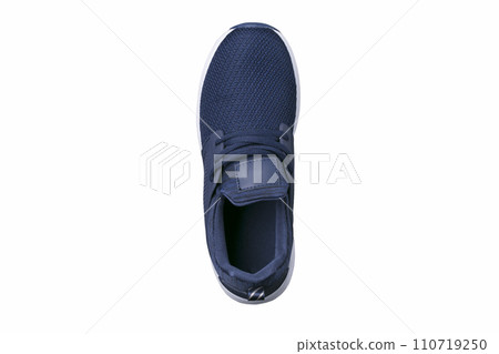 Sport shoes. Blue sneaker made of fabric with leather inserts top view. Sport shoes. Blue sneaker made of fabric with leather inserts top view. 110719250