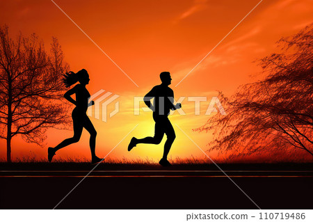 Silhouette of running people in road at sunrise. AI content 110719486