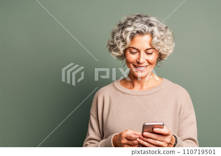 Middle aged woman using her smartphone. AI content 110719501