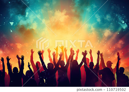 Diverse group of people celebrating with their hands in the air. AI content Diverse group of people celebrating with their hands in the air. AI content 110719502
