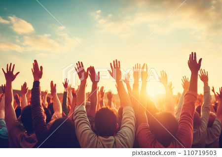 A diverse group of people celebrating with their hands in the air. AI content A diverse group of people celebrating with their hands in the air. AI content 110719503