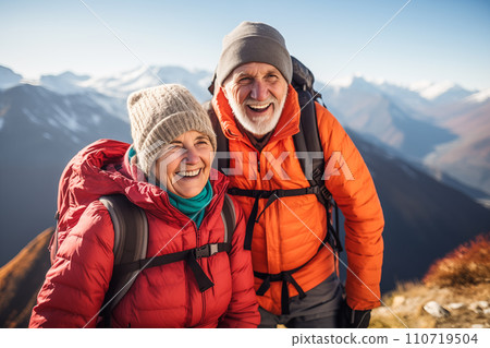Elderly couple enjoying mountain climbing. AI content Elderly couple enjoying mountain climbing. AI content 110719504