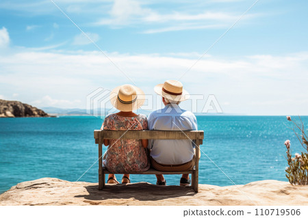 Senior couple relaxing together near the sea on sunny day. AI content 110719506
