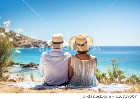 Senior couple relaxing together near the sea on sunny day. AI content Senior couple relaxing together near the sea on sunny day. AI content 110719507