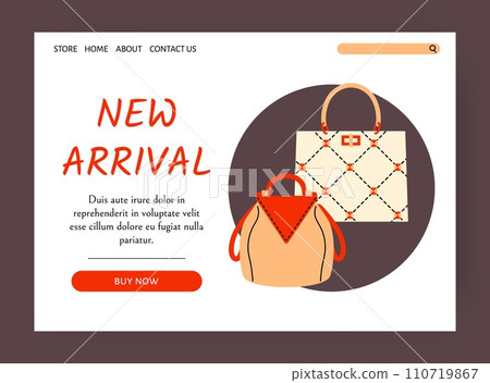 Bags store landing page. Fashion collection. Online shopping. Trendy handbag. Leather backpack or tote. Luxury shopper. Stylish merchandise. Fashionable clothing shop. Website template vector design Bags store landing page. Fashion collection. Online shopping. Trendy handbag. Leather backpack or tote. Luxury shopper. Stylish merchandise. Fashionable clothing shop. Website template vector design 110719867
