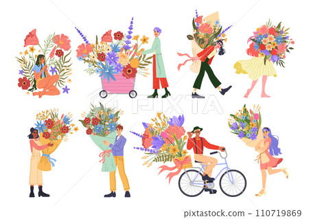 Happy character with bouquet. Men and women holding flower bunches. Couple in love. Romantic dating. People carrying blossoms in cart. Bike floral delivery. Natural plants. Blooming gifts vector set 110719869