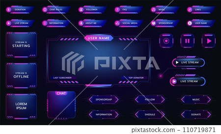 Stream twitch game icons. Buttons and overlay panel frame. Futuristic interface design. Live streaming. Neon user tag. Cyber glow modern name border. Streamers menu bar. Vector UI digital elements set 110719871