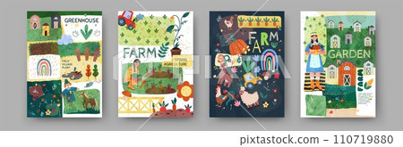 Eco agriculture. Farm and garden cards. Greenhouse harvest. Vegetable cultivation. Domestic animals. Spring gardening. Seedbeds and field scarecrow. Cartoon gardeners work. Vector tidy banners set 110719880