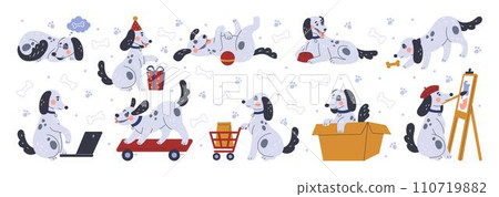 Cartoon dogs. Funny dalmatian. Cute pet activity. Happy animal character painting or working at laptop. Mammal on skateboard. Play with ball and bone. Present box. Puppy actions vector tidy set flat 110719882