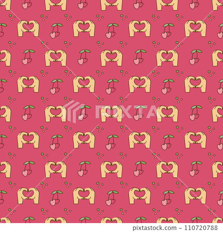 Seamless pattern with cute y2k palms of the hands and cherry. Cartoon doodle vector illustration. Seamless pattern with cute y2k palms of the hands and cherry. Cartoon doodle vector illustration. 110720788