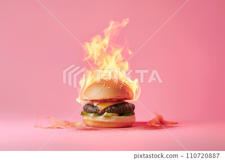 Burning burger, cheeseburger on fire. Hot hamburger in flames, spicy food, burning calories, weight loss and healthy diet concept. Fit motivation, discipline, regime, healthy food choices, burn fat Burning burger, cheeseburger on fire. Hot hamburger in flames, spicy food, burning calories, weight loss and healthy diet concept. Fit motivation, discipline, regime, healthy food choices, burn fat 110720887