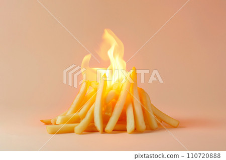 Burning French fries, potatoes on fire. Hot frites in flames, spicy food, burning calories, weight loss and healthy diet concept. Fit motivation, discipline, regime, healthy food choices, burn fat 110720888