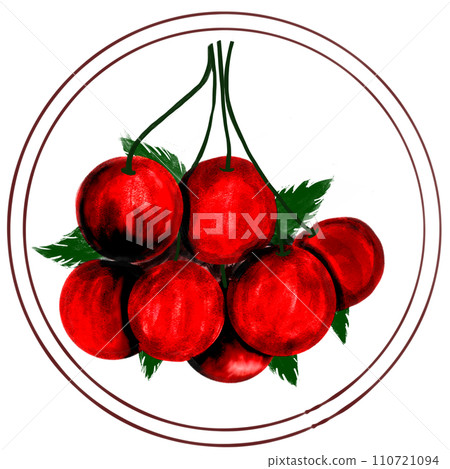 Bunch of red cherries with green leaves Bunch of red cherries with green leaves 110721094