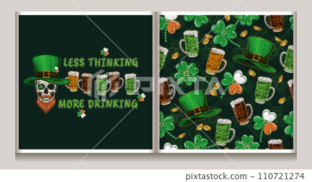 St Patricks day seamless pattern, funny label with skull, leprechaun hat, glasses of beer, scattered golden coins, shamrock leaves on dark background. Vintage illustration for holiday design 110721274