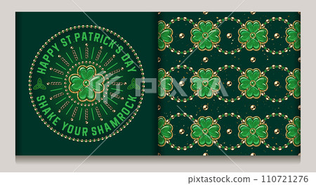 Geometric St Patricks day pattern, label with text, jewelry golden chains, beads, charms like lucky 4 leaves shamrock. Horizontal stripes with circles, clovers Vintage illustration on dark background Geometric St Patricks day pattern, label with text, jewelry golden chains, beads, charms like lucky 4 leaves shamrock. Horizontal stripes with circles, clovers Vintage illustration on dark background 110721276