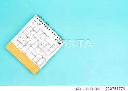 2024 March Desk Calendar On Blue Background. 2024 March Desk Calendar On Blue Background. 110721774