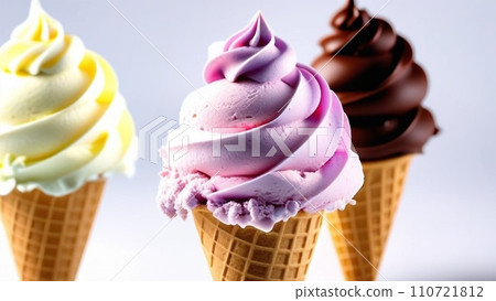 Strawberry, vanilla, chocolate different flavor ice cream scoops side view on white background 110721812