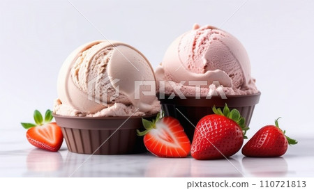 Strawberry, vanilla, chocolate different flavor ice cream scoops side view on white background 110721813