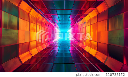 AI-generated content. Futuristic tunnel with glowing blue light at the end and walls in shades of red and orange, ideal for concepts involving technology, virtual reality, and sci-fi. 110722152