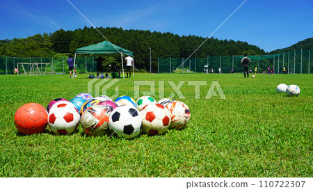 Ball placed on a grass soccer field (summer) 110722307