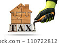 Tax Text made of Wooden Blocks on a Trowel with a Wooden House 110722812