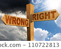 Two Wooden Directional Signs with Text Right and Wrong 110722813