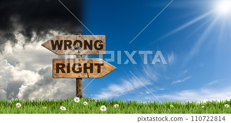 Two Wooden Directional Signs with Text Right and Wrong Two Wooden Directional Signs with Text Right and Wrong 110722814
