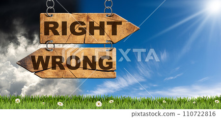 Two Wooden Directional Signs with Text Right and Wrong Two Wooden Directional Signs with Text Right and Wrong 110722816