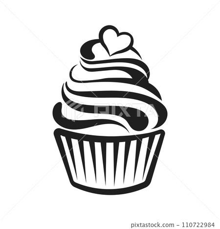 Linear silhouette of cupcake, line art, clipart isolated on white background. Sweet dessert. Food illustration, vector 110722984