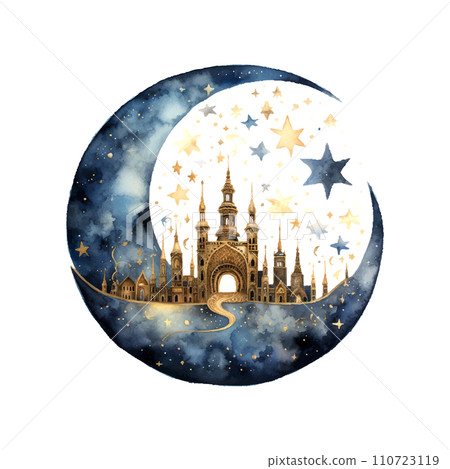 Ramadan crescent moon watercolor illustration on white background 110723119