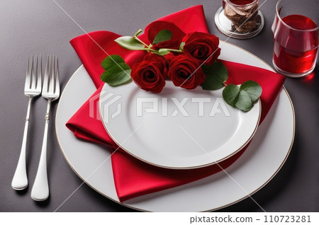 Empty plate mock up for saint valentine's day. Holiday love table setting Empty plate mock up for saint valentine's day. Holiday love table setting 110723281