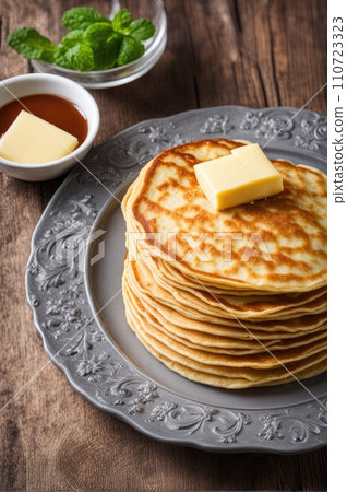 stack of very thin pancakes. traditional for Russian pancake week. Shrove tide 110723323