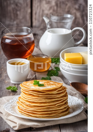 stack of very thin pancakes. traditional for Russian pancake week. Shrove tide stack of very thin pancakes. traditional for Russian pancake week. Shrove tide 110723324