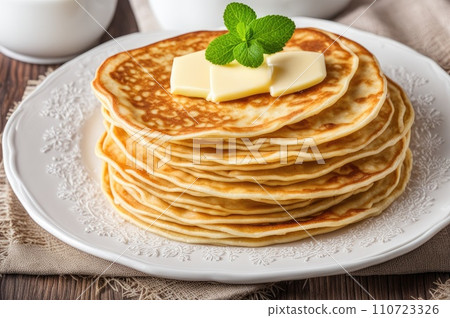 stack of very thin pancakes. traditional for Russian pancake week. Shrove tide stack of very thin pancakes. traditional for Russian pancake week. Shrove tide 110723326