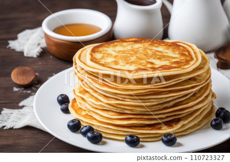 stack of very thin pancakes. traditional for Russian pancake week. Shrove tide 110723327