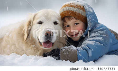 雪地上的孩子和狗 AI 生成的圖像 110723334
