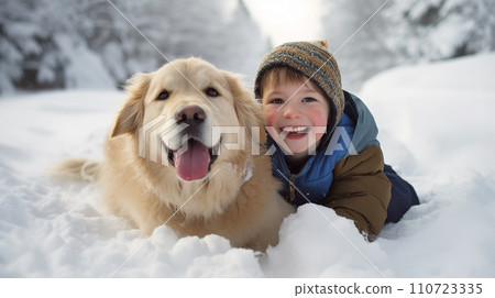 AI 生成的孩子和狗在雪地裡玩耍的圖像 110723335