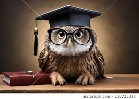AI-generated content. Wise owl in graduation cap and glasses - symbol of knowledge and academic success AI-generated content. Wise owl in graduation cap and glasses - symbol of knowledge and academic success 110723338