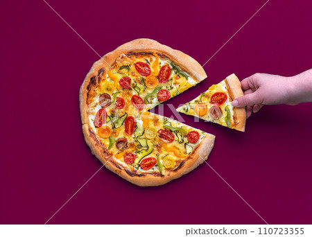 Homemade pizza primavera isolated on a magenta background 110723355