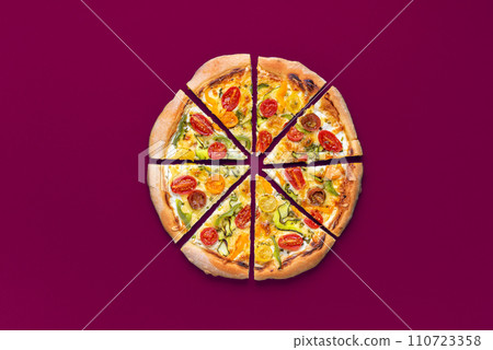 Homemade pizza with vegetables minimalist on a magenta table 110723358