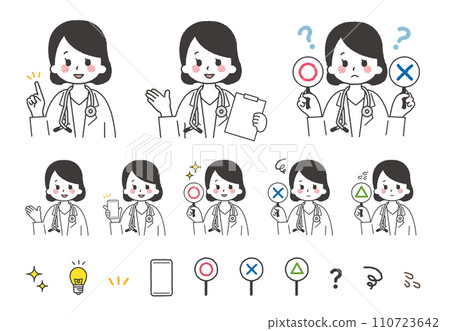 女醫生合影。手指的手勢和拿著丸子棒的手勢。 女醫生合影。手指的手勢和拿著丸子棒的手勢。 110723642