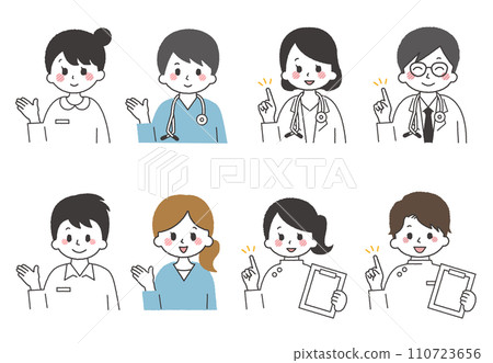福利和醫務工作者的例證。透過手指指向他人來引導或檢查某人的姿勢。 110723656