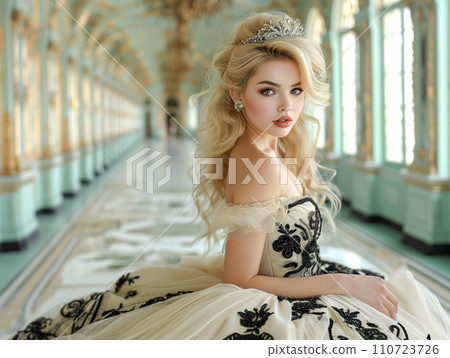 A woman wearing a dress attending a court ball A woman wearing a dress attending a court ball 110723726