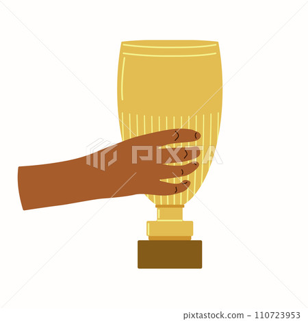 Hand holds the cup winner sports competitions. Prize champion first place and achievement. Design poster banner. Vector illustration. Hand holds the cup winner sports competitions. Prize champion first place and achievement. Design poster banner. Vector illustration. 110723953