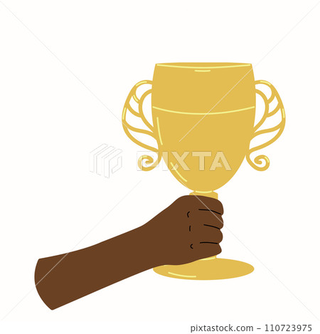 Hand holds the cup winner sports competitions. Prize champion first place and achievement. Design poster banner. Vector illustration. Hand holds the cup winner sports competitions. Prize champion first place and achievement. Design poster banner. Vector illustration. 110723975