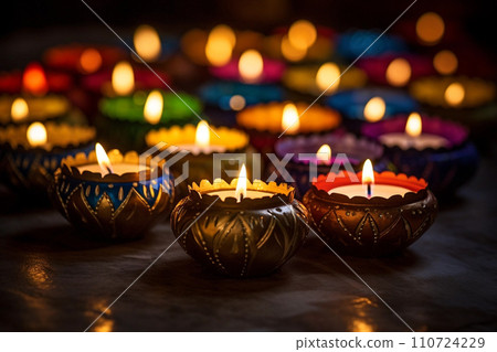 Oil lamps and candles lit at night during diwali celebration Oil lamps and candles lit at night during diwali celebration 110724229