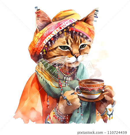 cat in the turban with a cup of coffee watercolor on white background cat in the turban with a cup of coffee watercolor on white background 110724439