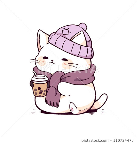cat in the turban with a cup of coffee watercolor on white background 110724473