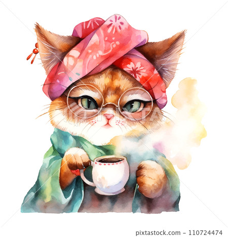 cat in the turban with a cup of coffee watercolor on white background 110724474
