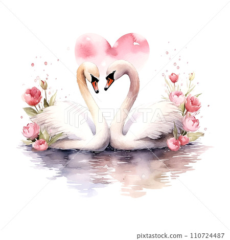 Valentine's Day Wedding White Swans watercolor vector 110724487